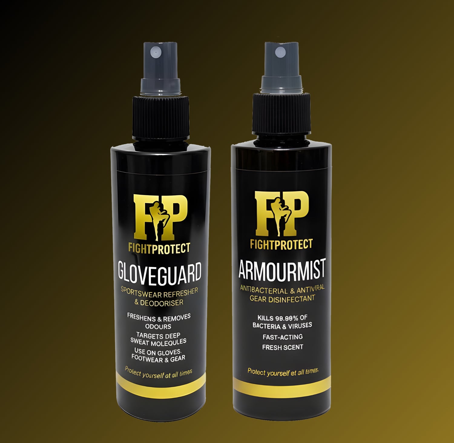 Two black spray bottles labeled 'Gloveguard' and 'Armourmist' on a gradient background.