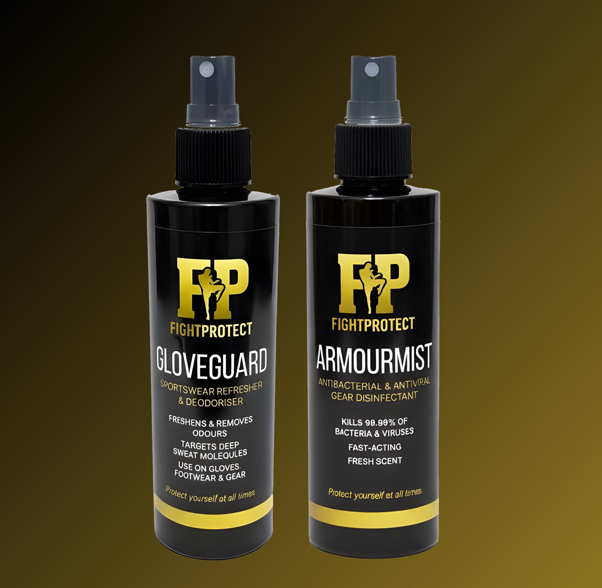 Two black spray bottles labeled 'Gloveguard' and 'Armourmist' on a gradient background.