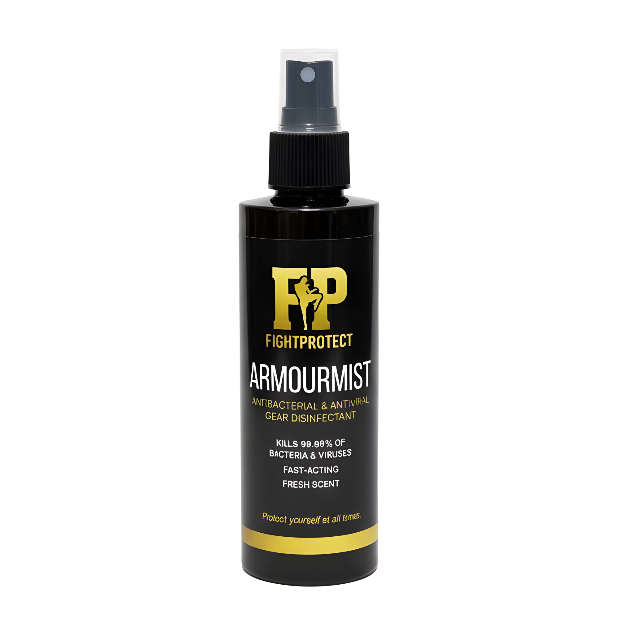 FightProtect ArmourMist bottle – antibacterial and antiviral gear disinfectant spray for gloves, pads, mats, and training equipment.