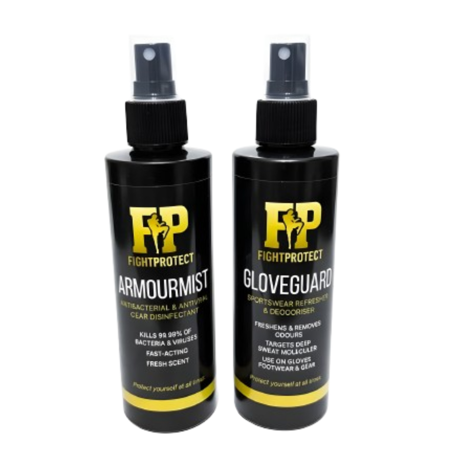 FightProtect Duo Pack – ArmourMist antibacterial and antiviral gear spray with GloveGuard sportswear refresher and deodoriser bottles side by side on white background.