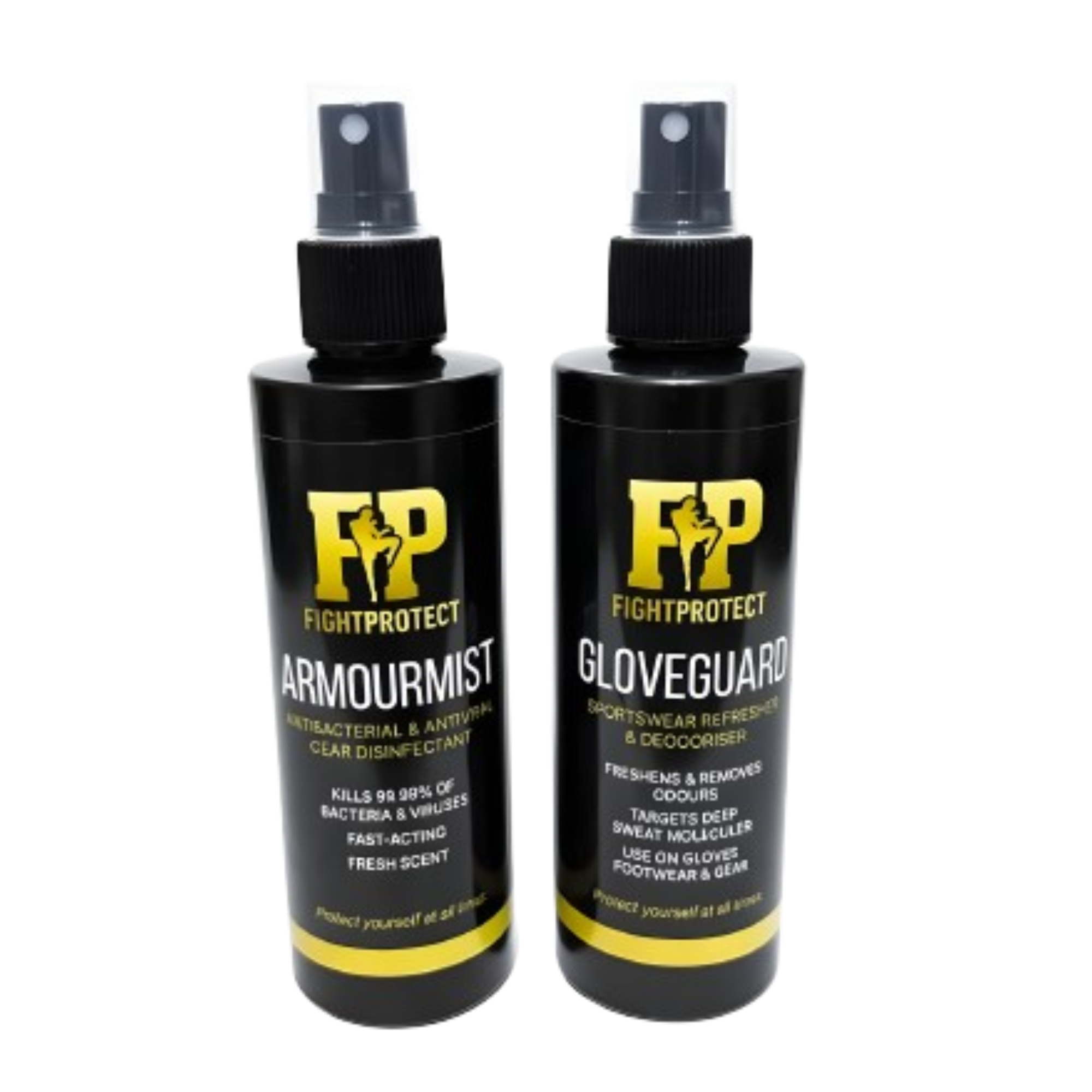 FightProtect Duo Pack – ArmourMist antibacterial and antiviral gear spray with GloveGuard sportswear refresher and deodoriser bottles side by side on white background.